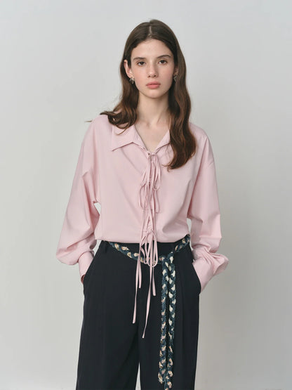 Autumn 2025 Women's French Inspired Blouse - Ruffle Trim Tie Front Loose Fit Shirt Collar Top Soft Blend Daily Wear