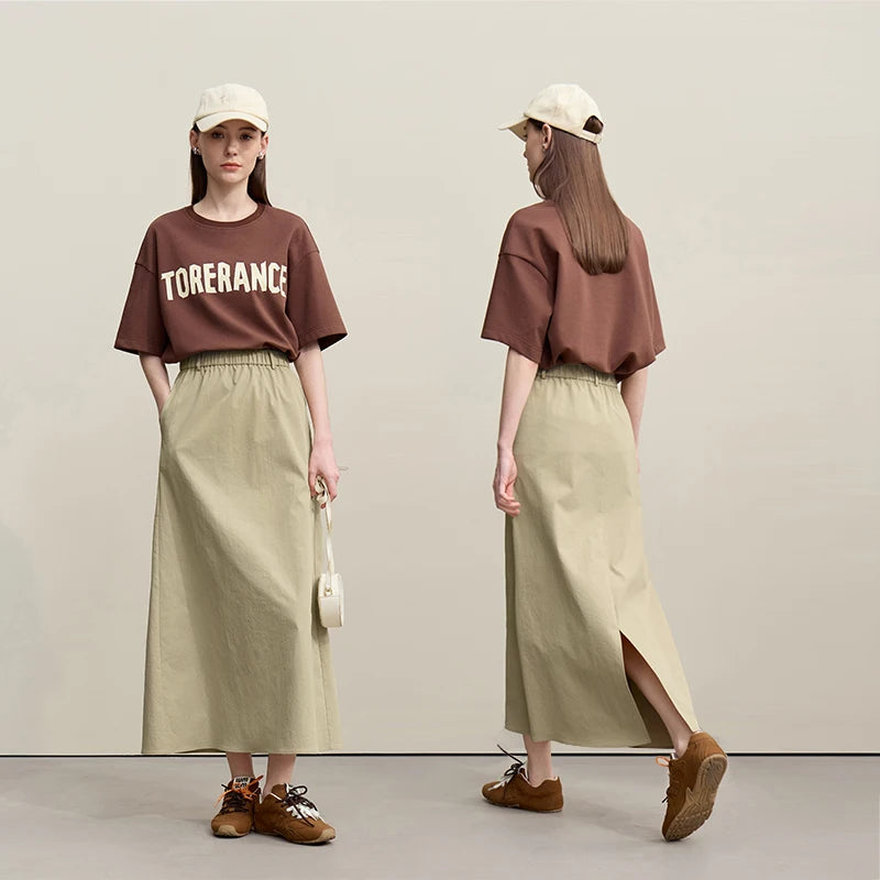 Women's Skirt 2026 Summer New Leisure Elastic Waist Slit A-Line Midi Skirt Women's Loose Embroidered Woman Clothes 12621058