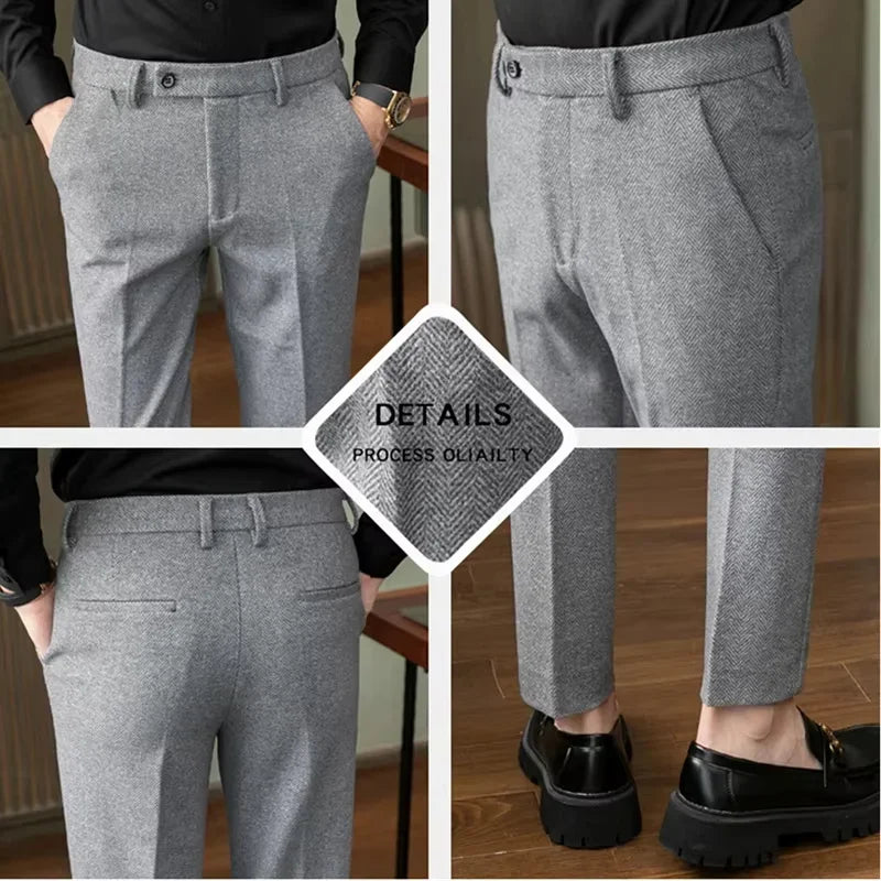 Autumn Winter Man Elastic Pants Herringbone Straight Leg Trousers Knitted Business Casual Banquet Men's Suit Pants