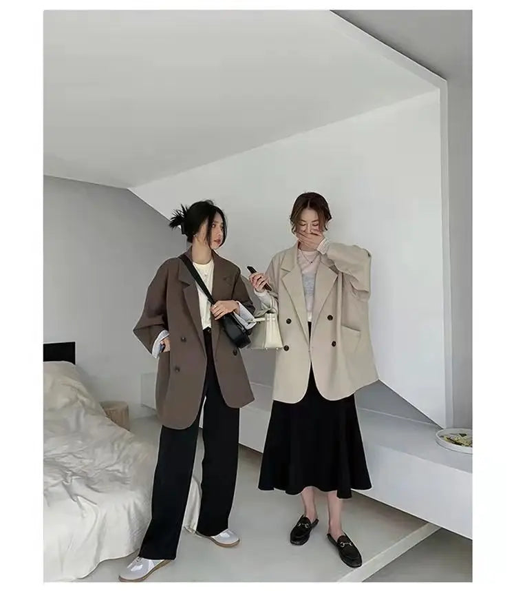 Oversize Blazers Women Long Sleeve Black Suit Streetwear Korean Chic Loose Jacket Spring Autumn Coat Double-breasted Tweed New