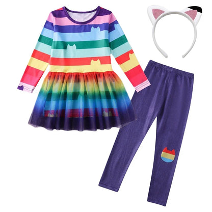 Cartoon Kids Girls Rainbow Dresses+Pants Sets Children Halloween Easter Cats Carnival Cosplay Costume Birthday Party 3-10 Year