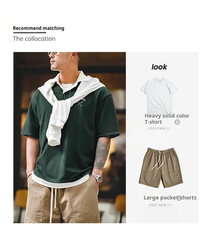 Contrasting Color Short Sleeve T-shirts for Men Summer Green Loose Fit Polo Shirt Casual Embroidery Tee Tops for Daily