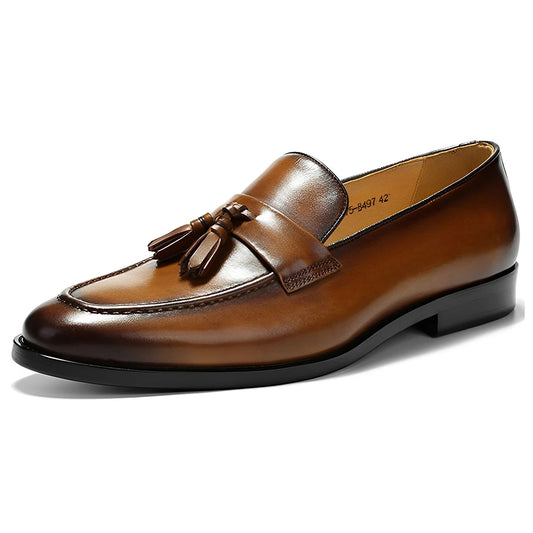Men's Brown Leather Tassel Loafers, Formal Slip-on Dress Shoes for Business, Wedding