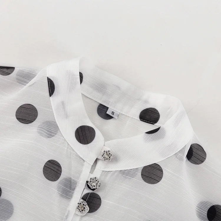 Ticketsx Polka Dot Ruffled Shirts Fashion Contrast Lace Up See Through Button Blouse Top Elegant Party High Street Women Shirt