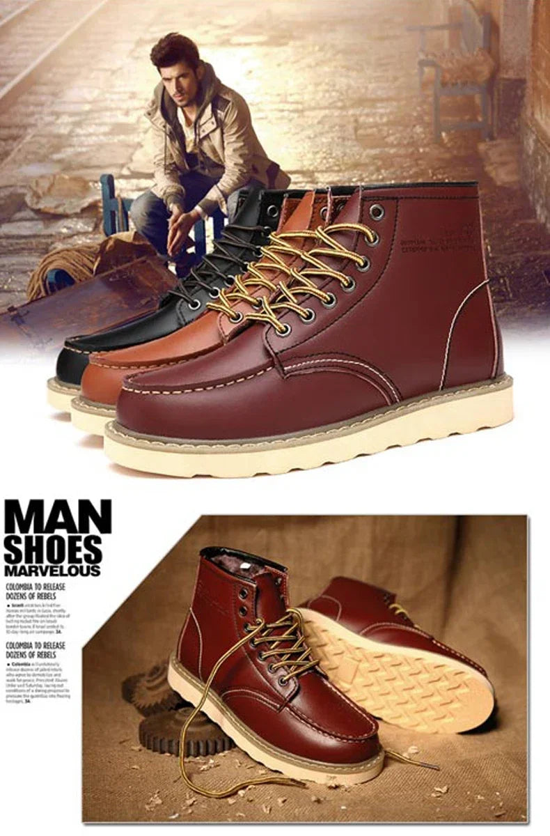 Winter Warm Men Boots Leather Mens Snow Boots with Fur Handmade Waterproof Male Ankle Boots No-slip High Top Male Work Shoes