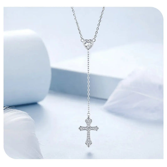 925 Sterling Silver Delicate Heart-shaped Pendant Necklace Y-shaped Cross Chain Necklace for Women Party Dainty Jewelry