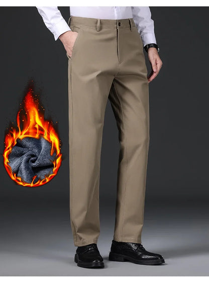 97% Cotton Straight Velvet Casual Pants Men Stretch Loose Classic Business Warm Trousers High Quality Winter Thick Fleece Pants