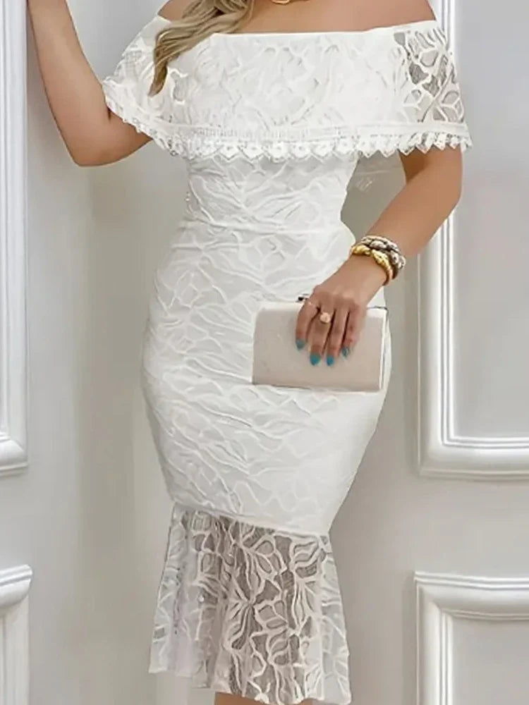 Women's White Off-Shoulder Lace Midi Dress Ruffled Neckline Flared Hem Ideal for Evening Parties Wedding Receptions