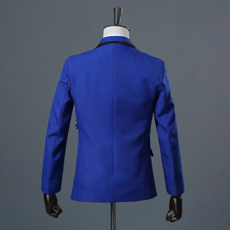 New Men Luxury Decal Suits Black / Red / Blue / White Fashion Singer Host Stage Performance Splicing Flower Blazers and Pants