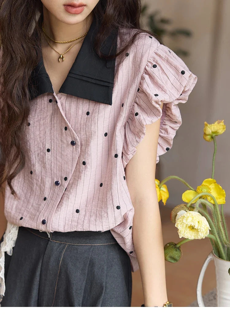 Summer Office Lady Blouses Women 2025 Short Sleeve Turn-down Collar Polka Dot Shirts Female Fashion Slim Tops MXE31C0776