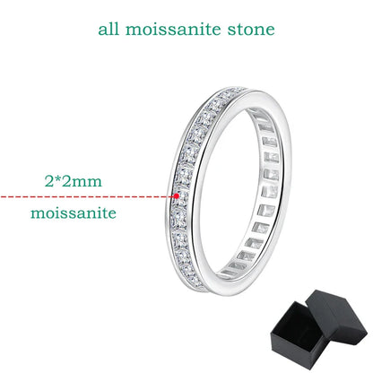 925 Sterling Silver Princess Cut Moissanite Ring for Women 2*2mm D Color Full Eternity Stackable Wedding Band Lab Diamond