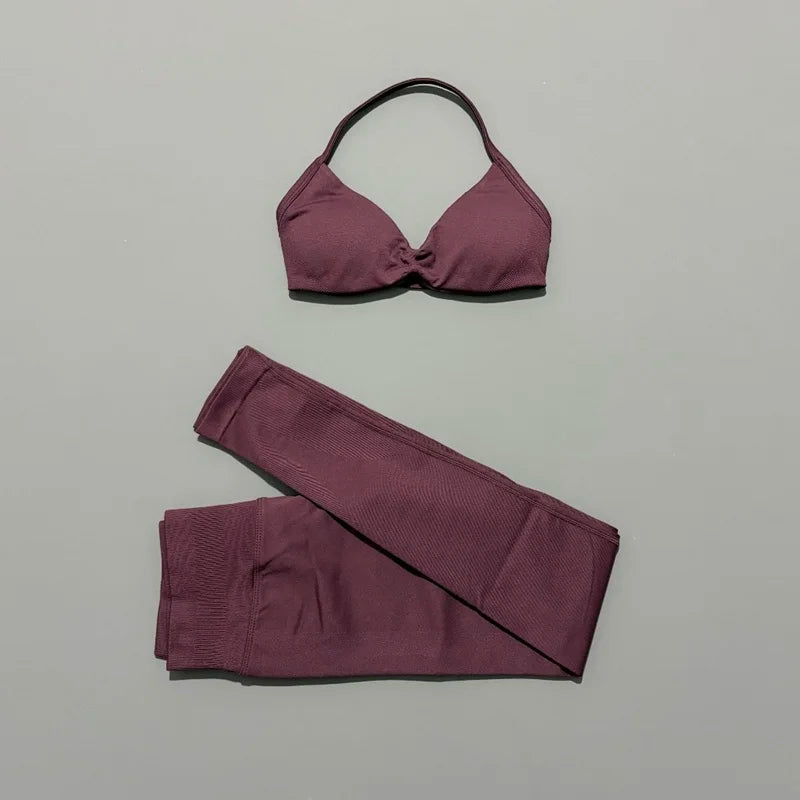 2 Piece Sports Set Women Yoga Backless Halter Bra High Waist Scrunch Seamless Pants Sport Suit Gym Sportswear Workout Set
