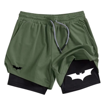 Bat Print 2 in 1 Performance Shorts for Men Athletic Breathable Quick Dry Shorts with Phone Pocket Gym Workout Running