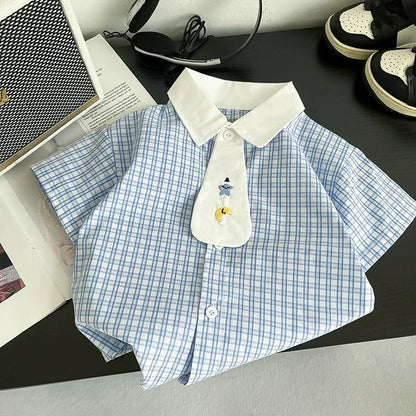 New Boys Clothing Children Summer Set Kids Plaid Shit Embroidered Tie Shorts 2pcs/suits Children Fashion Tracksuits 0-5Year