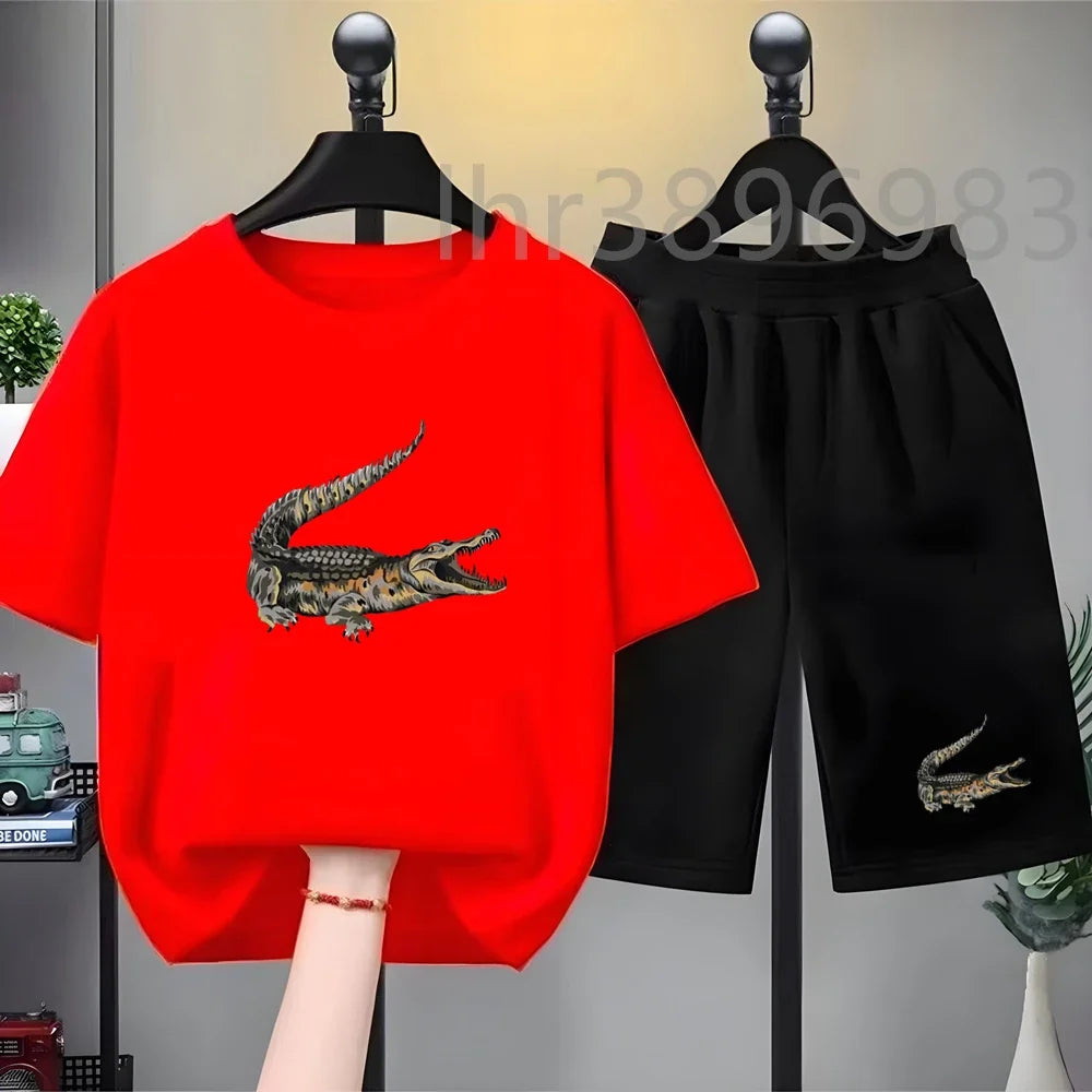Summer Tees African crocodile print Set Suitable Children Short Sleeve Age 3-12 Girls boy Set Tshirt+Shorts 2pcs Kids clothing