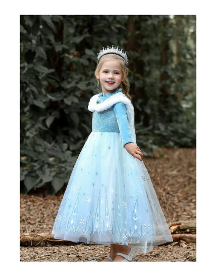 Girls' Spring 2026 New Velvet Elsa Frozen Princess Dress Kids Blue Cape 2 Piece Set Warm Dresses For Girl Party 3-9 Years Old ﻿