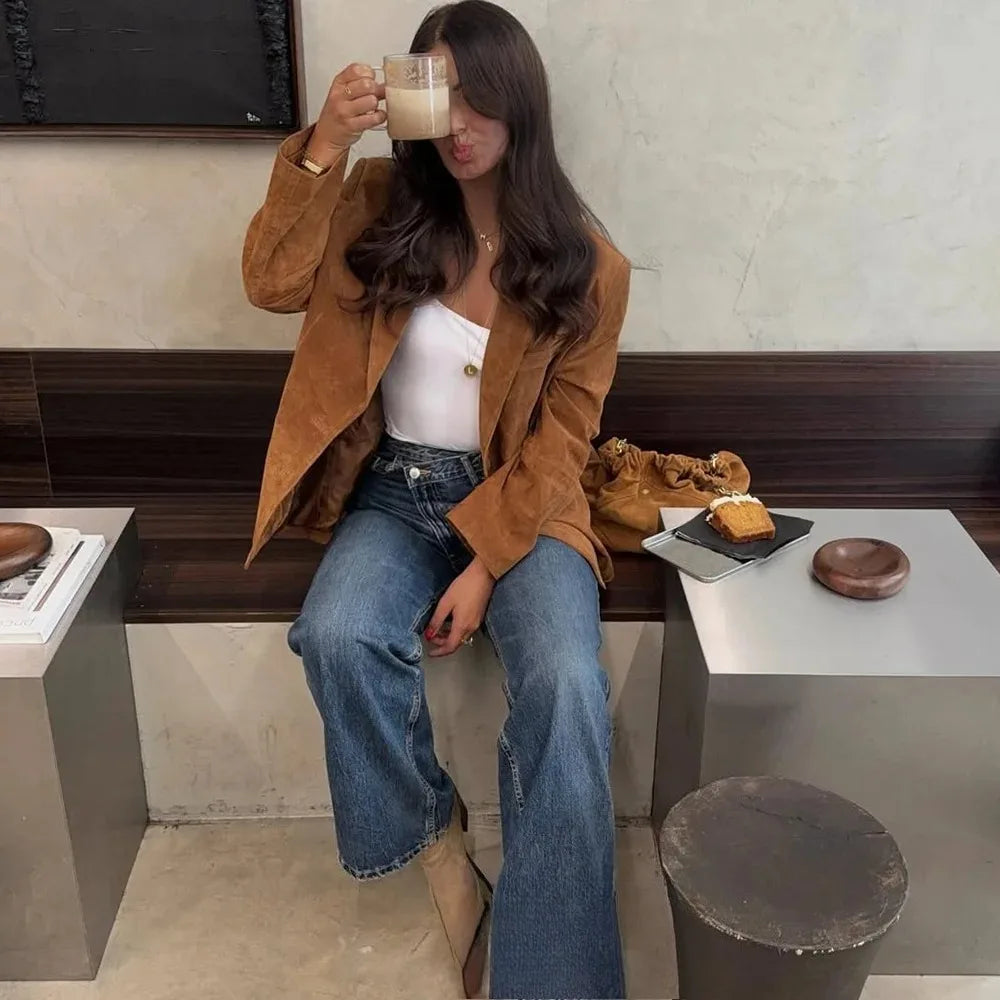 Office Lady Suede Blazer V Neck Sashes Long Pockets Blazer Fashion 2025 Fall Streetwear Outwear Winter Thick Coats