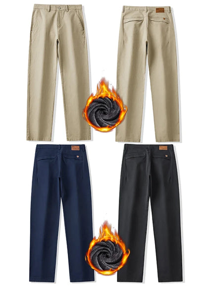 2025 Winter Fleece Pants Men's Pocket Fashion Thickened Cotton Stretch Comfort Plush Straight Business Pants Male