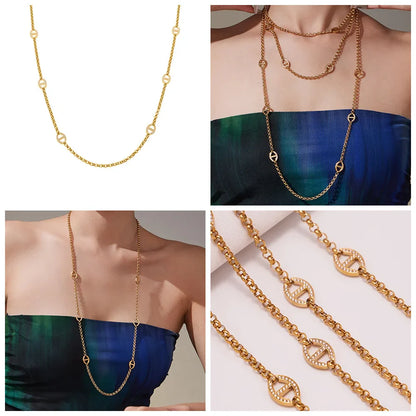 80cm Long Necklace for Women 18k Gold Plated Stainless Steel Chain Necklaces Inlaid Zircon Charm Sweater Chains Necklace