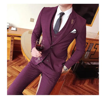 Blue Men Classic Striped/Checked Suits, Asian Size Slim Fit Business Office 3-Piece Sets, Black/Gray and Red Available.