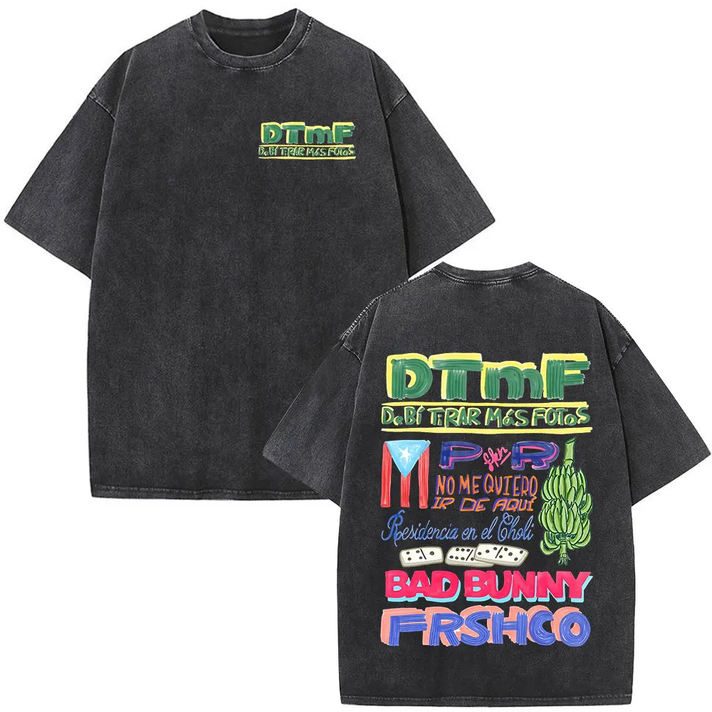 Washed Vintage Rapper Bad Bunny T-shirt Debi Tirar Mas Fotos DTMF Tour 2026 T Shirts Men Women Clothing Fashion Hip Hop T-shirts