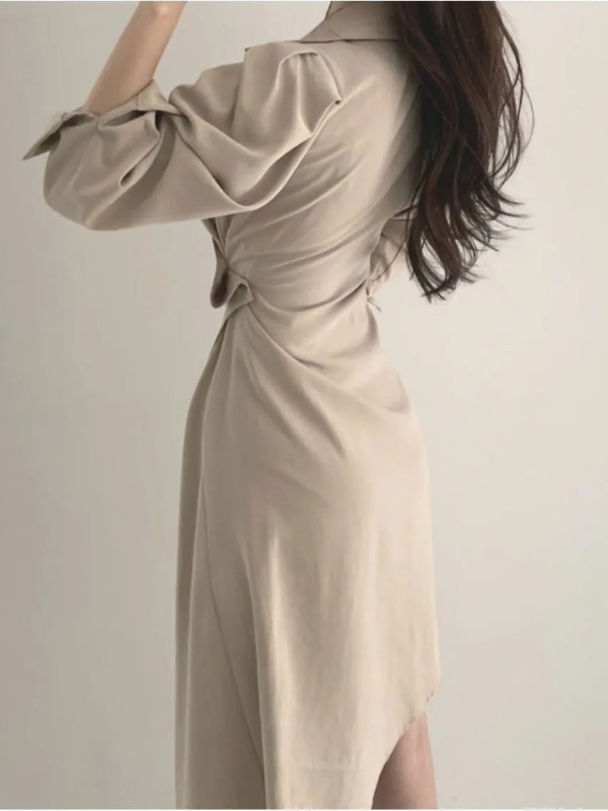 Early Autumn Shirt Dress Women's Mid-Length Asymmetrical Single-Button Notch Collar Slimming Style Commute Fashion