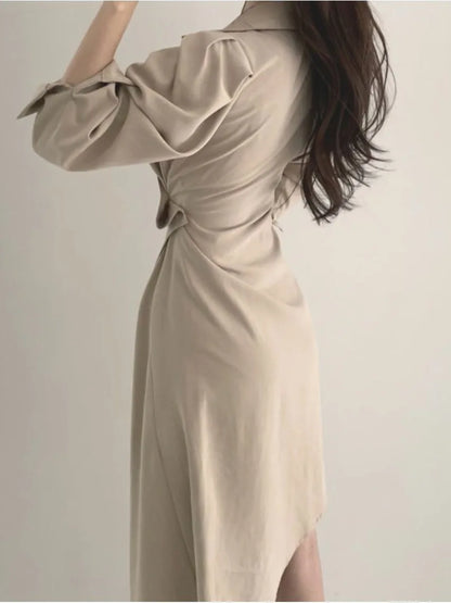 Early Autumn Shirt Dress Women's Mid-Length Asymmetrical Single-Button Notch Collar Slimming Style Commute Fashion