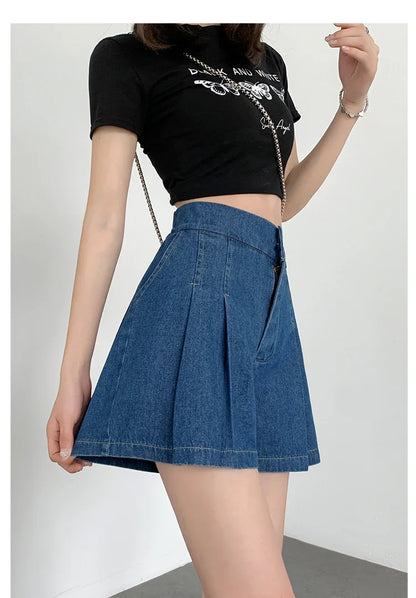 2024 Summer Plus Size Denim Shorts For Women High Elastic Waist Blue Or Sky Blue Pleated Mini Large Size Short Femme