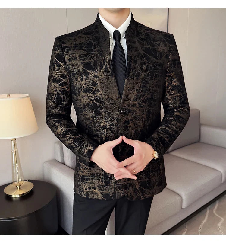 New Chinese Style Stand Up Collar Jacquard Suit Coats Men Slim Business Casual Fashion Suits Jacket Formal Social Party Tuxedos