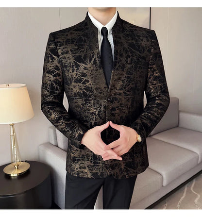 New Chinese Style Stand Up Collar Jacquard Suit Coats Men Slim Business Casual Fashion Suits Jacket Formal Social Party Tuxedos