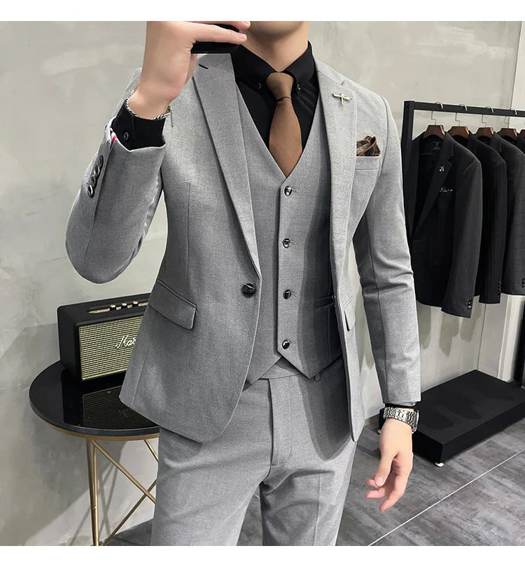 Blazer Vest Pants Men's Navy Blue Suit Set Slim Fit Blazer Vest Pants Formal Outfit for Business Wedding Office Groom Party