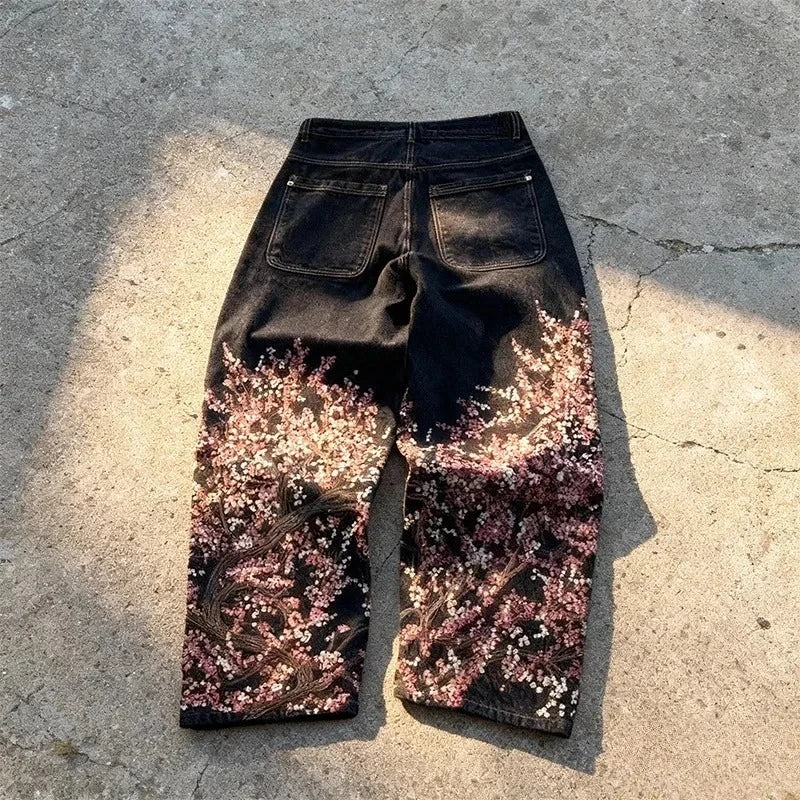 Y2K Harajuku Jeans Vintage Cherry Blossom Selvedge Denim Pants Hip Hop Gothic men women denim fabric wide leg pants streetwear