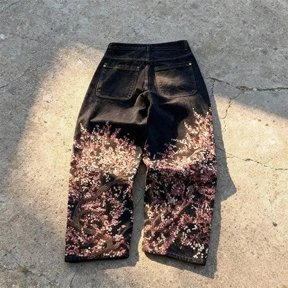 Y2K Harajuku Jeans Vintage Cherry Blossom Selvedge Denim Pants Hip Hop Gothic men women denim fabric wide leg pants streetwear