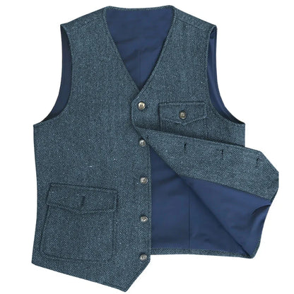 Men Vest Dark Green Herringbone Single Button V Neck Pocket Waistcoat For Wedding Party Business Work Daily Casual Men Suit Vest