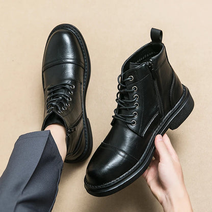 Men Black Leather Boots Casual Lace Up Leather Shoes Size 39-46