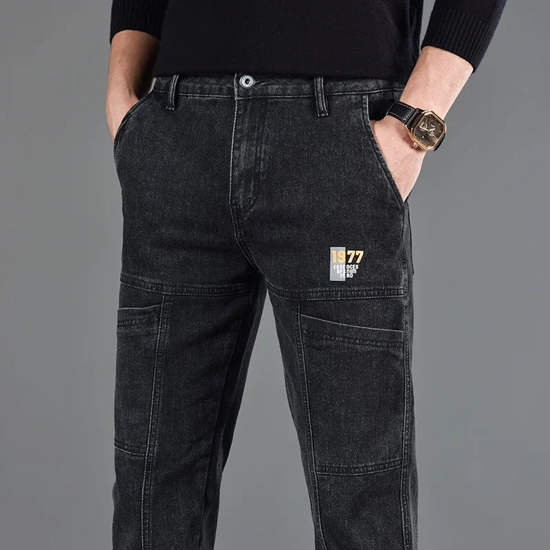 2026 New Style Jeans Men's Slim Fit Korean Style Comfortable Straight Leg Elastic Gray Mid Waist Pants Men's Casual Denim Pants