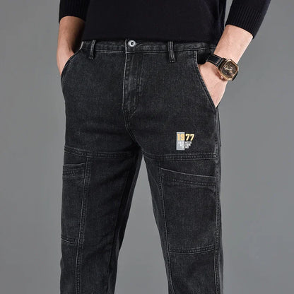 2026 New Style Jeans Men's Slim Fit Korean Style Comfortable Straight Leg Elastic Gray Mid Waist Pants Men's Casual Denim Pants