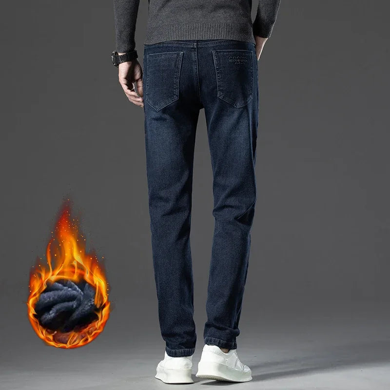 Men's Thicken Fleece Straight Jeans Winter Business Casual Stretch Denim Pants Warm Plush Brand Trousers Pans Male Classic