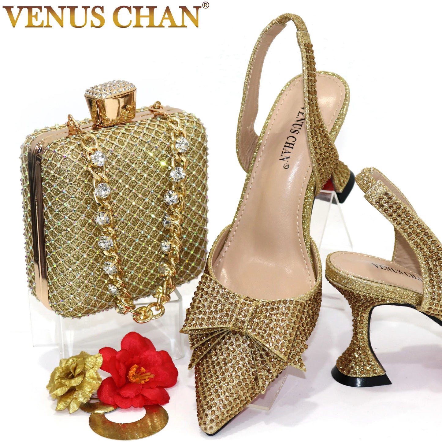 Bridal High Heels for Women 2023 Pointed Toe With Bows Gold Color Rhinestone  Elegant Party Wedding Shoe and Bag Set