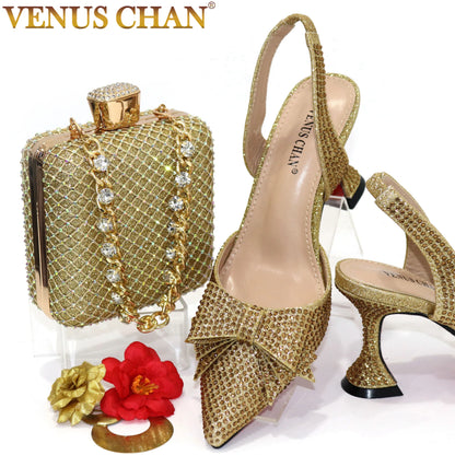 Bridal High Heels for Women 2023 Pointed Toe With Bows Gold Color Rhinestone  Elegant Party Wedding Shoe and Bag Set