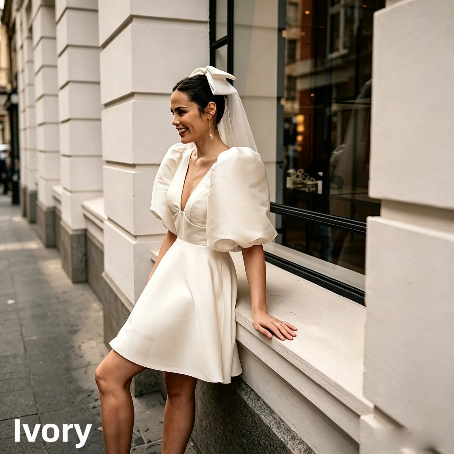 Puff Sleeve Deep V Satin Mini Wedding Dress A Line Bridal Gown Bow Veil Civil Elopement Bride Reception Custom Fit Ceremony Wear