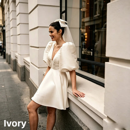 Puff Sleeve Deep V Satin Mini Wedding Dress A Line Bridal Gown Bow Veil Civil Elopement Bride Reception Custom Fit Ceremony Wear