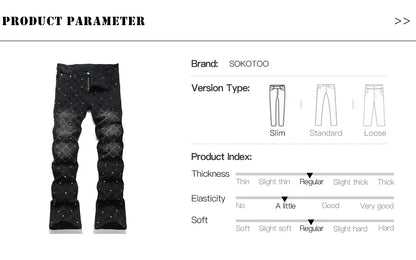 Men's Crystal Boot Cut Jeans Punk Black Stretch Denim Pants Rivet Slim Flared Trousers Fashionable Bootcut Trousers