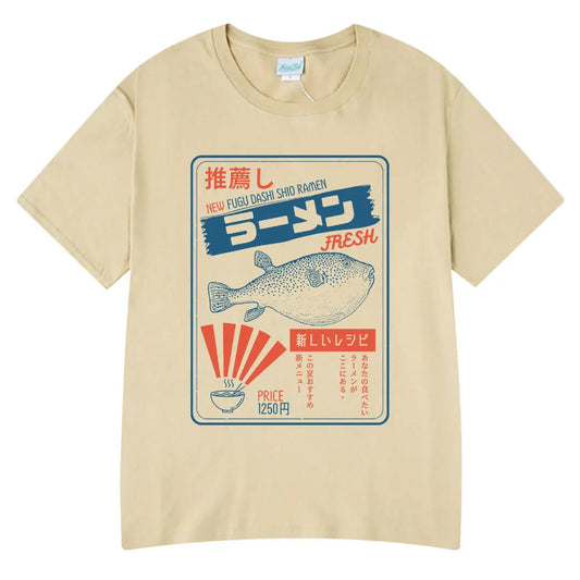 Vintage Fugu Puffer Fish Ramen T-Shirts Men Women Clothing Summer 100% Cotton Tee Shirt Fashion Crewneck Short Sleeve T Shirt
