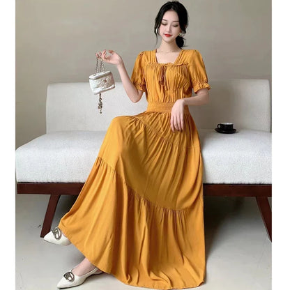 Summer New Cotton Silk Floral Print Maxi Dr ort Sve Beachwear High Waist Young Women's Large Skirt Swing Dr