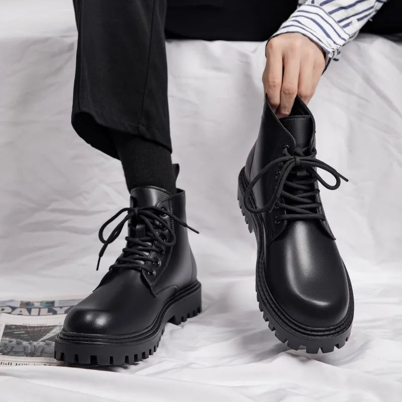 Black Men's Casual Leather Boots Fashion Winter Men Work Boot Mens Shoes Non-slip Designer High Top Ankle Boots Motorcycle Shoes