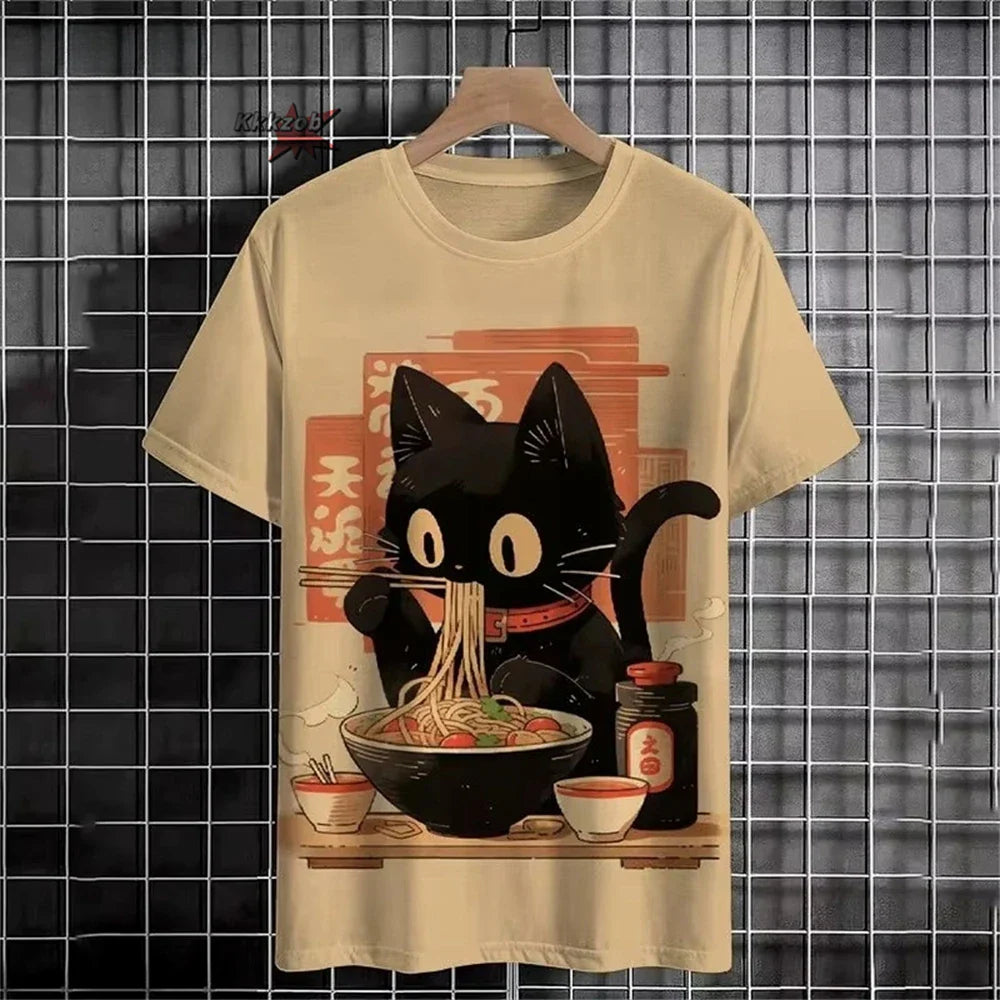 Japanese Ukiyo-E Cute Cat Pattern Round Neck Men's Short Sleeved Daily Oversized T-Shirt Harajuku Y2k T-Shirt T-Shirt Men Top