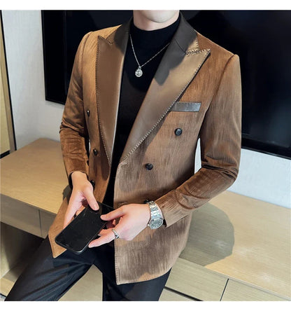 British Style Luxury Men Double Breasted Suit Jacket High Quality Fashion PU Leather Neck Spliced Coats Groom Social Party Dress