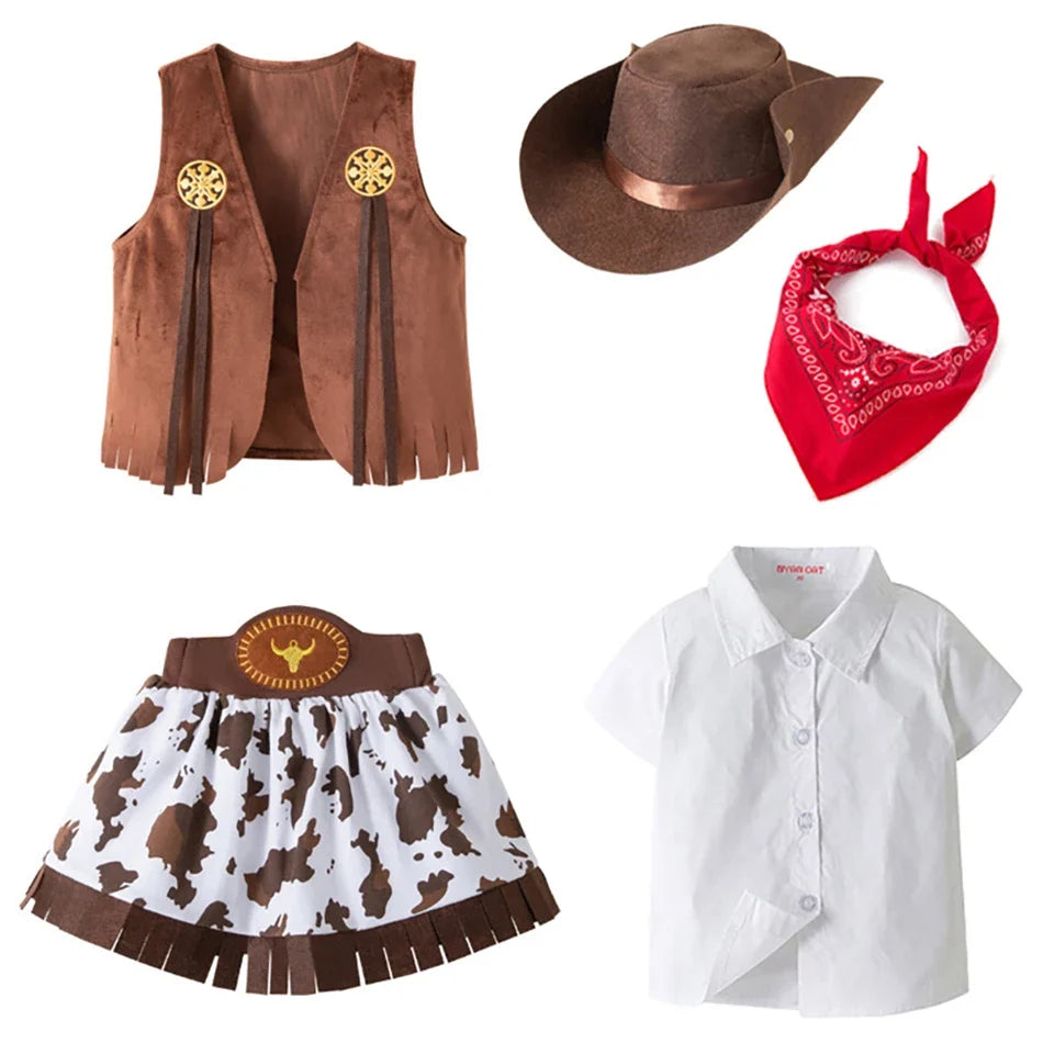 4/5 Pcs Set Girls Cowboy Role Play Skirt Clothes Vest Set Skirt Sets Kids Spring Autumn Halloween Cosplay Performance Costumes