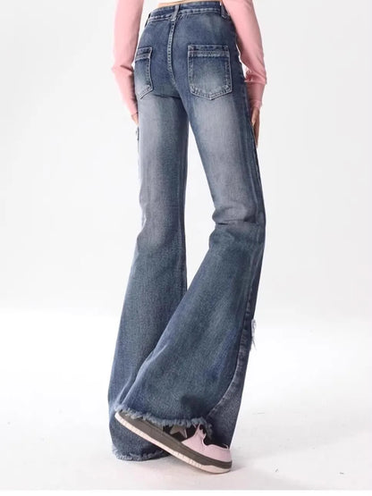 Summer New Vintage  Splicing Micro Flared Denim Jeans Women plus Size High Waist Loose Slimming Frayed Pants